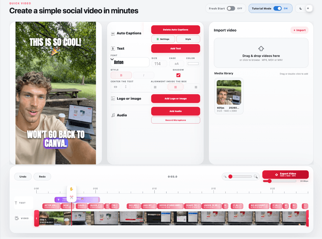 OfferStudio Quick Video editor with auto captions, text, audio and a simple timeline